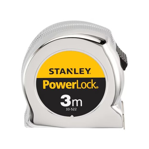 Na zdjęciu znajduje się miara zwijana z metaliczną obudową, na której widnieje okrągła etykieta z napisem "STANLEY PowerLock 3m 33-522". Obudowa ma błyszczące wykończenie, a etykieta jest w kolorach żółtym i czarnym.