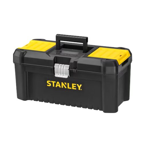 Czarna skrzynka narzędziowa z żółtymi elementami i metalowym zapięciem, z widocznym logo "STANLEY" na przedniej stronie. Skrzynka posiada uchwyt do przenoszenia na górze.