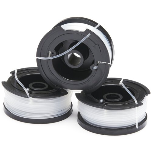Na zdjęciu widoczne są trzy czarne szpule z nawiniętą białą żyłką do podkaszarki. Produkt to "Żyłka do podkaszarki BLACK&DECKER A6485-XJ (3 szt.)".