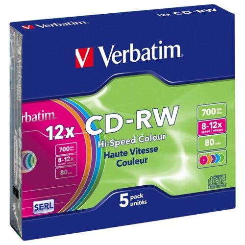 Płyta VERBATIM Colour Slim CD-RW, 700 MB, 12x (5 szt.)