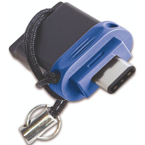 Na zdjęciu znajduje się pendrive z niebieską obudową i złączem USB-C, przymocowany do czarnego sznurka z metalowym kółkiem. Produkt to "Pendrive VERBATIM Store 'n' Go! Dual Drive 32GB, USB-C / USB 3.2 Gen. 1 (USB 3.0)".