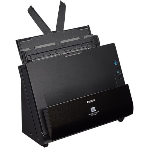 Czarny skaner z widocznym logo "Canon" oraz napisem "imageFORMULA DR-C225II" na przedniej części obudowy. Urządzenie ma pionowy podajnik papieru i dwa przyciski z ikonami na panelu bocznym.