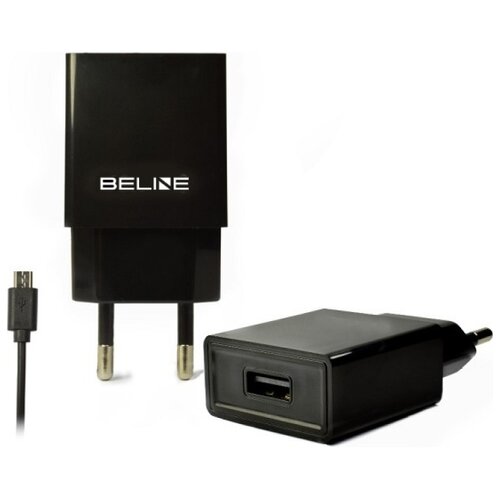 Czarna ładowarka sieciowa z logo "BELINE" oraz widocznym portem USB, obok znajduje się kabel z wtyczką micro USB. Produkt ma dwa metalowe bolce do podłączenia do gniazdka elektrycznego.