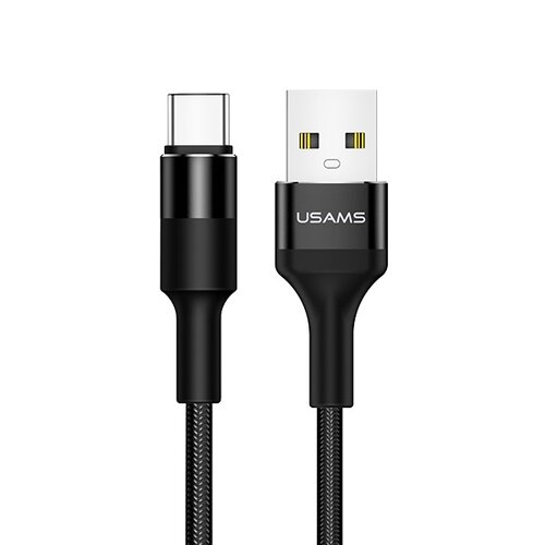 Czarny kabel USB - USB-C o długości 1,2 m z widocznym logo "USAMS" na wtyczce USB. Kabel ma plecioną osłonę i solidne złącza.