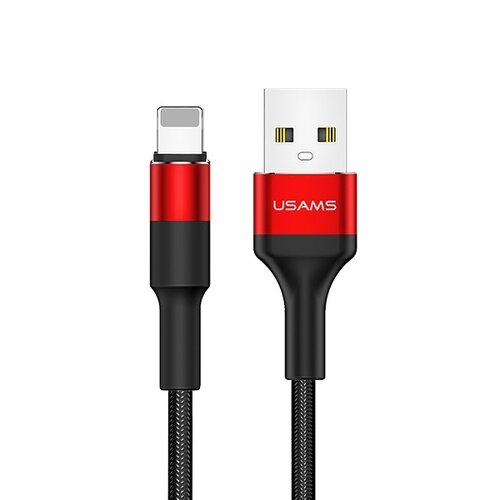 Na zdjęciu widoczny jest czerwony kabel USB-Lightning o długości 1,2 metra z czarnymi i czerwonymi elementami. Na wtyczce USB znajduje się napis "USAMS".