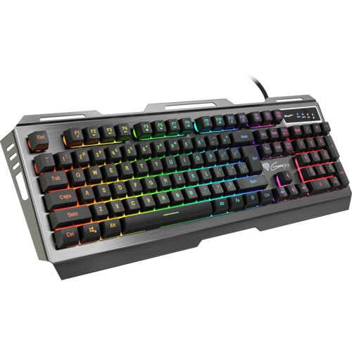 Klawiatura mechaniczna z podświetleniem RGB, posiadająca klawisze funkcyjne oznaczone od F1 do F12 oraz logo "Genesis" w prawym górnym rogu. Obudowa klawiatury ma metaliczne wykończenie, a klawisze są oznaczone standardowym układem QWERTY.