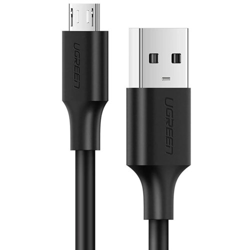 Na zdjęciu widoczny jest czarny kabel USB z końcówkami USB i Micro USB, z wyraźnym napisem "UGREEN" na obu wtyczkach. Kabel ma gładką powierzchnię i jest krótki, o długości 0.5 metra.