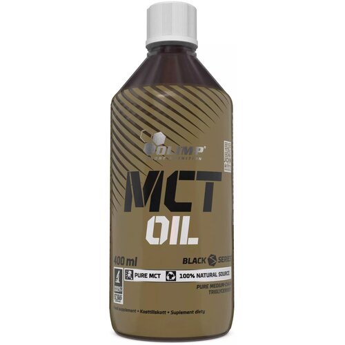 Brązowa butelka z białą nakrętką, na której widnieje logo "OLIMP" oraz napisy: "MCT OIL", "400 ml", "BLACK SERIES", "PURE MCT", "100% NATURAL SOURCE", "PURE MEDIUM-CHAIN TRIGLYCERIDES", "food supplement", "Kosttillskott", "Suplement diety".