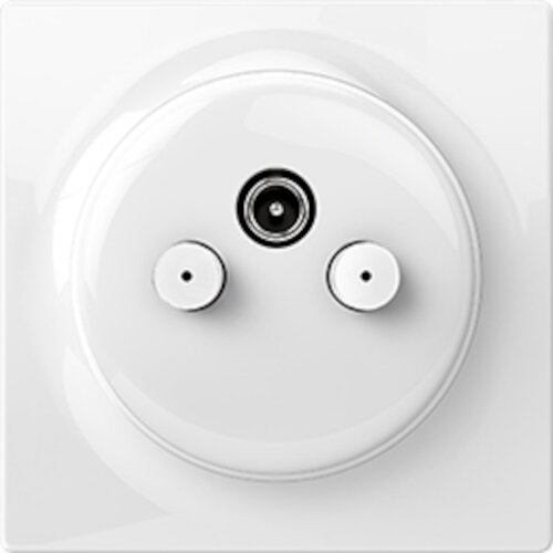 Przedstawione jest białe gniazdo ścienne z trzema okrągłymi złączami, umieszczonymi na błyszczącej powierzchni. Produkt to "Gniazdo FIBARO Walli N TV-SAT Outlet".
