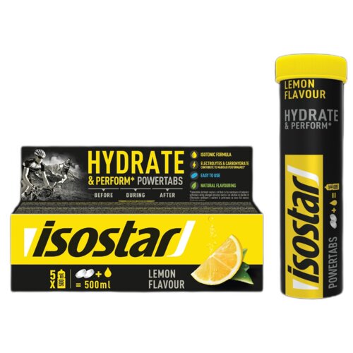 Opakowanie produktu "Izotonik ISOSTAR Hydrate & Perform Power Tabs Cytrynowy (10 tabletek)" z widocznym napisem "HYDRATE & PERFORM* POWERTABS" oraz grafiką cytryny. Na opakowaniu znajdują się informacje: "Isotonic formula", "Electrolytes & carbohydrate contribute to maintain performance", "Easy to use", "Natural flavouring", a także logo "isostar".