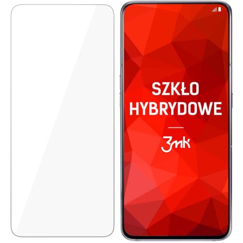 Na zdjęciu widoczne jest przezroczyste szkło ochronne oraz smartfon z wyświetlaczem w kolorze czerwonym z geometrycznym wzorem. Na ekranie telefonu znajduje się biały napis "SZKŁO HYBRYDOWE" oraz logo "3mk".