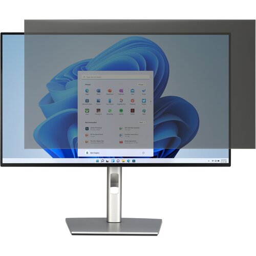 Na zdjęciu widoczny jest monitor z nałożonym filtrem prywatyzującym, który przyciemnia górną część ekranu. Na ekranie wyświetlany jest interfejs systemu operacyjnego z ikonami aplikacji i menu startowym.