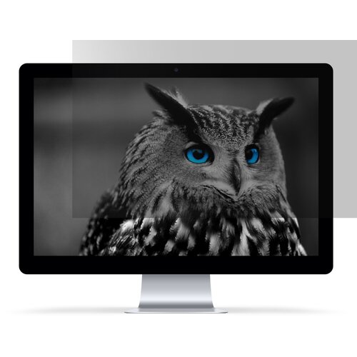 Na zdjęciu widoczny jest monitor z wyświetlonym obrazem sowy o intensywnie niebieskich oczach, częściowo zasłonięty przez filtr prywatyzujący. Filtr ma lekko przyciemnioną powierzchnię, co ogranicza widoczność ekranu.
