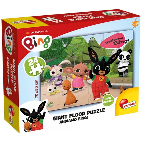 Pudełko puzzli przedstawia kolorową ilustrację z postaciami z bajki, a na opakowaniu widnieje napis "Bing" oraz "24", "70 x 50 cm", "Giant Floor Puzzle", "Andiamo Bing!", "High Quality". Logo producenta to "LISCIANI".