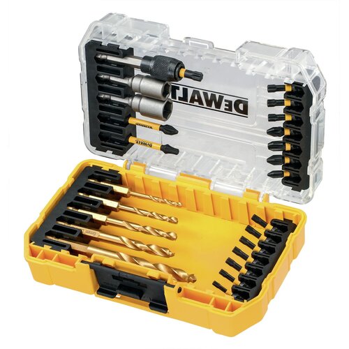 Zestaw narzędzi w żółtej, otwartej walizce zawiera różne wiertła i bity, a na przezroczystej pokrywie widoczne jest logo "DEWALT". Wnętrze walizki jest zorganizowane, z miejscem na każdy element, a narzędzia są w kolorze złotym i czarnym.