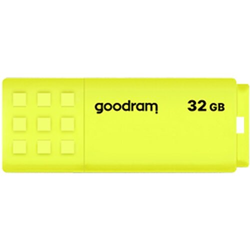 Żółty pendrive z widocznym logo "goodram" oraz oznaczeniem pojemności "32 GB". Na powierzchni obudowy znajduje się wzór złożony z dziewięciu kwadratów.