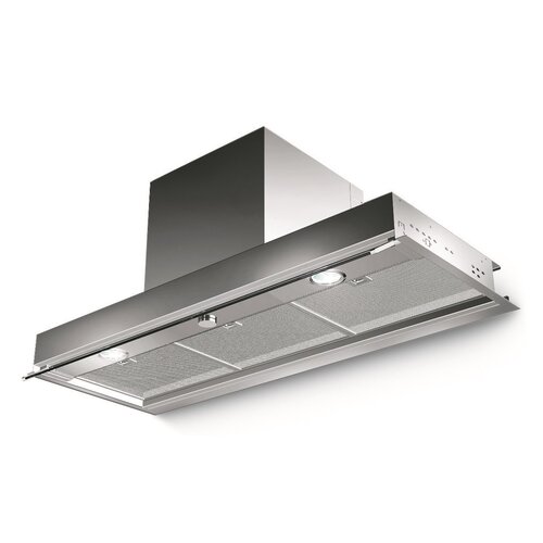 Na zdjęciu widoczny jest stalowy okap kuchenny z dwoma wbudowanymi światłami i metalowymi filtrami. Produkt to "Okap FABER In-Nova Smart X A120 Inox 360m3/h 66dB klasa C".