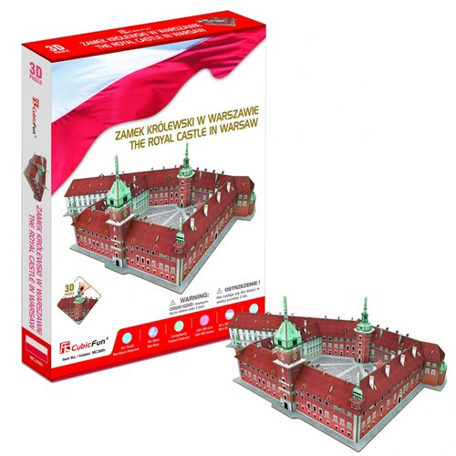 Pudełko z puzzlami 3D przedstawia model Zamku Królewskiego w Warszawie, z napisem "ZAMEK KRÓLEWSKI W WARSZAWIE THE ROYAL CASTLE IN WARSAW" oraz logo "CubicFun". Na dole widoczne są ostrzeżenia i informacje o produkcie, w tym "105 elementów" i "MC268H".