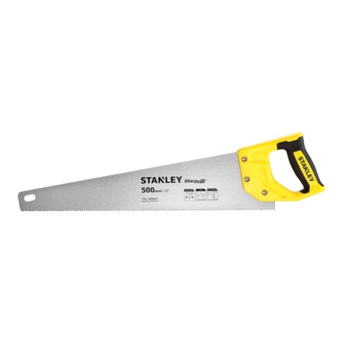 Na zdjęciu znajduje się piła ręczna z żółto-czarną rączką, na ostrzu widnieje napis "STANLEY SharpCut 500mm/20”" oraz ilustracje przedstawiające różne sposoby cięcia. Rączka piły ma ergonomiczny kształt, a ostrze jest zakończone otworem.