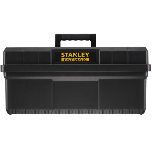 Czarna skrzynka narzędziowa z uchwytem, na której widnieje żółte logo z napisem "STANLEY FATMAX". Skrzynka ma prostokątny kształt z wyraźnymi liniami i żłobieniami na dolnej krawędzi.