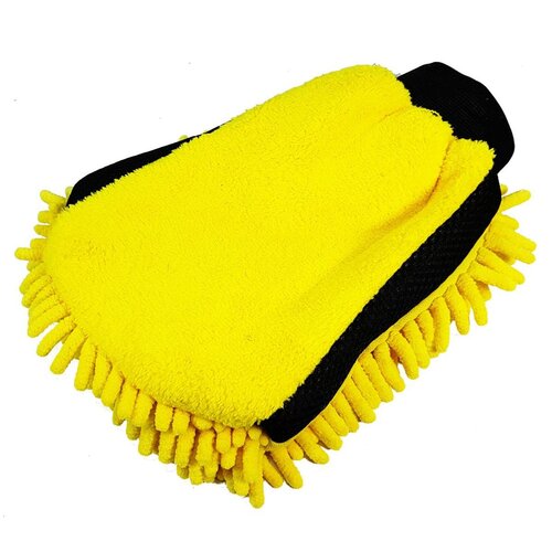 Żółta rękawica do czyszczenia z czarnymi elementami, wykonana z miękkiego materiału, z frędzlami na krawędziach. Produkt nie zawiera widocznych napisów ani logo.