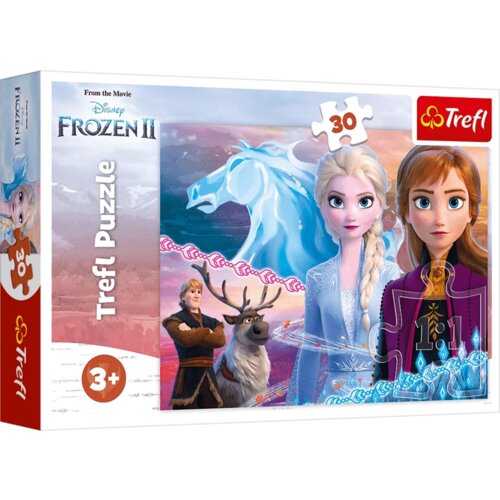 Pudełko puzzli przedstawia postacie z filmu "Frozen II" oraz lodowego konia, z napisem "Trefl Puzzle" i oznaczeniem "3+" w rogu. Logo Trefl znajduje się w prawym górnym rogu, a liczba elementów to 30.