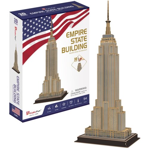 Pudełko z puzzlami 3D przedstawia model Empire State Building, z flagą amerykańską w tle i napisem "Empire State Building World's Great Architecture". Na pudełku widnieje logo "CubicFun" oraz ostrzeżenie: "WARNING: CHOKING HAZARD - Small parts. Not for ch
