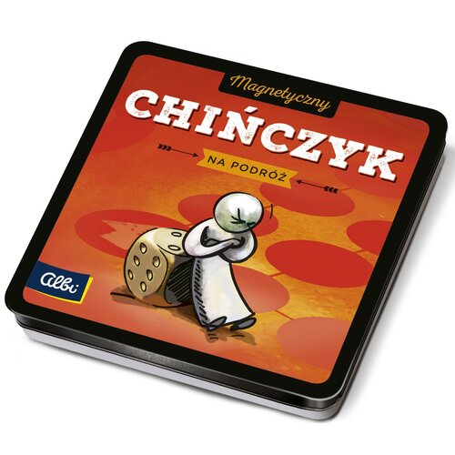 Kwadratowe pudełko z grą planszową o nazwie "Magnetyczny Chińczyk na podróż" z logo Albi w lewym dolnym rogu, przedstawia rysunek pionka opierającego się o kostkę do gry na pomarańczowym tle z czerwonymi kółkami.