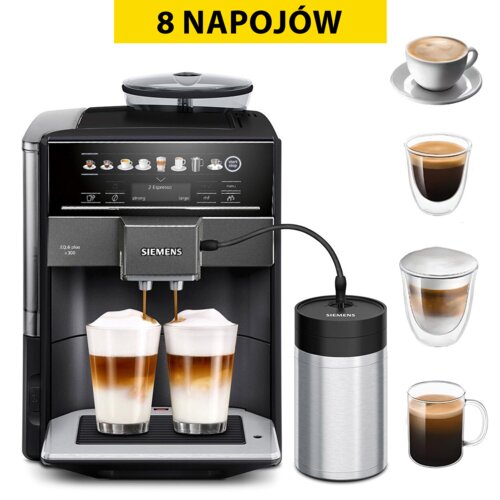Ekspres do kawy Siemens EQ.6 Plus S300 TE653M19RW z wyświetlaczem pokazującym różne rodzaje napojów, z dwoma filiżankami kawy z mleczną pianką oraz pojemnikiem na mleko. Na górze zdjęcia znajduje się żółty pasek z napisem "8 NAPOJÓW".