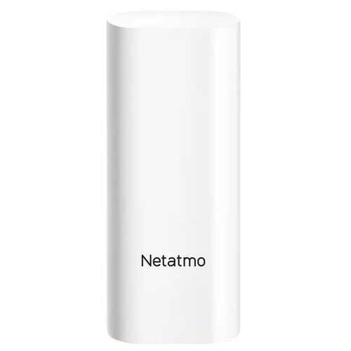 Biały, prostokątny czujnik z zaokrąglonymi krawędziami, na którym widnieje czarny napis "Netatmo". Produkt ma gładką powierzchnię i minimalistyczny design.