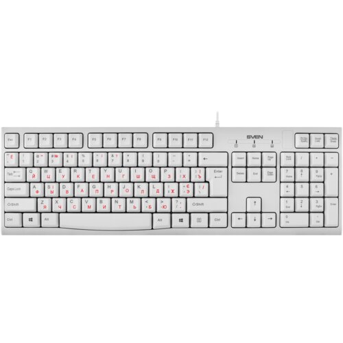 Biała klawiatura z układem QWERTY, posiadająca zarówno angielskie, jak i rosyjskie oznaczenia klawiszy, z logo "SVEN" widocznym nad klawiszami numerycznymi. Klawisze funkcyjne F1-F12 znajdują się w górnym rzędzie, a po prawej stronie widoczna jest sekcja 