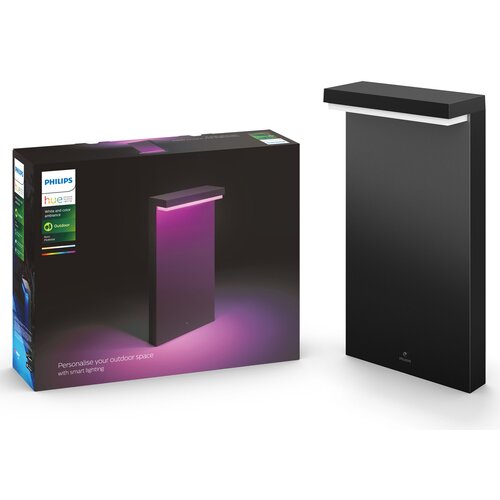 Pudełko z lampą zewnętrzną marki Philips Hue Nyro, z widocznym zdjęciem produktu emitującego różowe światło. Na opakowaniu znajduje się tekst: "Personalise your outdoor space with smart lighting".