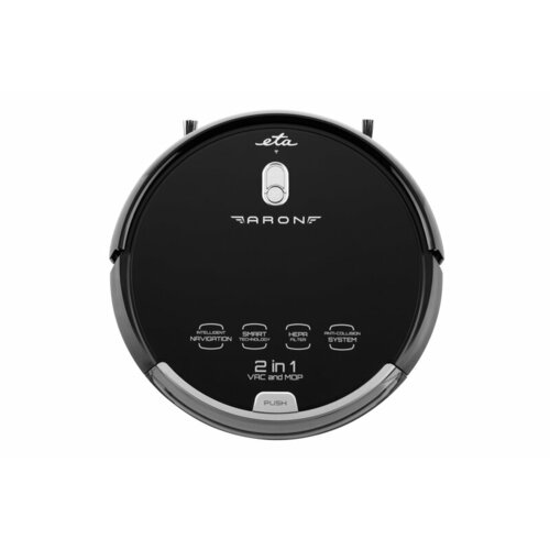 Na zdjęciu znajduje się czarny robot sprzątający z napisem "ETA Aron 2 in 1 VAC & MOP" oraz różne akcesoria, takie jak pilot, szczotki, ładowarka, stacja dokująca, pojemniki na wodę i kurz, a także smartfon z aplikacją "eta SMART". Widoczne są również log
