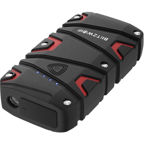Czarno-czerwony powerbank o solidnej konstrukcji z widocznymi czterema niebieskimi diodami oraz logo "BLITZWOLF" na górnej powierzchni. Produkt posiada metalowe śruby w rogach i wbudowaną latarkę.