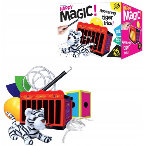 Zestaw do magicznych sztuczek zawiera pluszowego tygrysa, czerwono-czarną klatkę, różnokolorowe akcesoria oraz różdżkę. Na opakowaniu widnieje napis: "HAPPY MAGIC! Appearing tiger trick! 25 tricks".