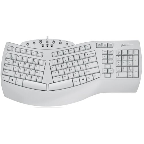 Biała klawiatura ergonomiczna z podzielonym układem klawiszy, posiadająca dodatkowe przyciski funkcyjne na górze oraz sekcję numeryczną po prawej stronie. Widoczne logo producenta: "Perixx".
