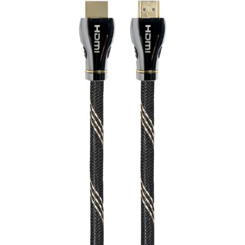 Na zdjęciu widoczny jest czarny kabel HDMI o długości 3 metrów z plecionym oplotem i metalowymi końcówkami, na których znajduje się napis "HDMI". Końcówki są w kolorze srebrnym z czarnymi elementami i złotymi złączami.