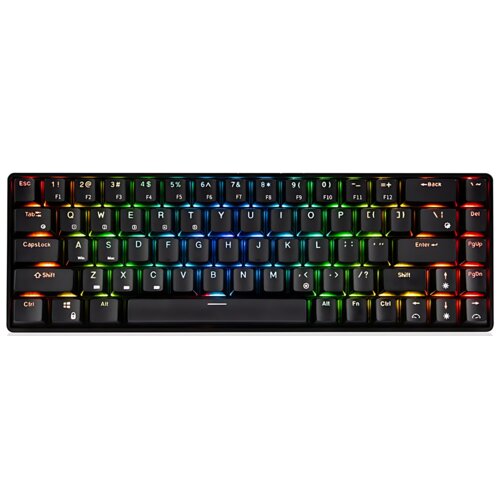 Na zdjęciu widoczna jest klawiatura z podświetleniem RGB, z wyraźnie oznaczonymi klawiszami, takimi jak "Esc", "Tab", "CapsLock", "Shift", "Enter", "Ctrl", "Alt", "Fn", oraz klawiszami funkcyjnymi od F1 do F12. Klawisze są podświetlone w różnych kolorach, tworząc efekt tęczy.