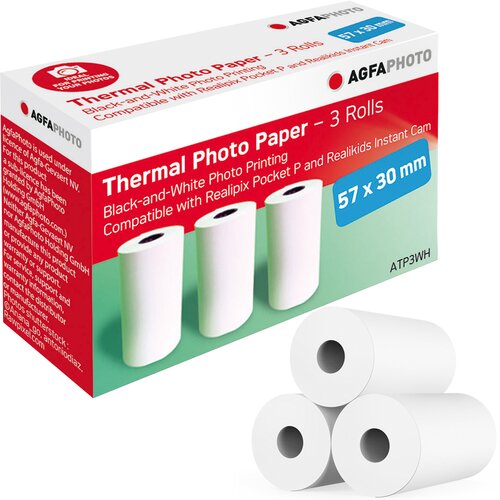 Opakowanie papieru termicznego AGFAPHOTO zawiera trzy rolki o wymiarach 57 x 30 mm, przeznaczone do czarno-białego druku fotograficznego, kompatybilne z Realipix Pocket P i Realikids Instant Cam. Na opakowaniu widnieje logo AGFAPHOTO oraz tekst: "Thermal 