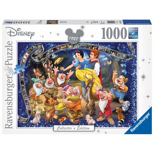 Opakowanie puzzli przedstawia ilustrację z postaciami z bajki Disney "Królewna Śnieżka", otoczoną filmową taśmą na tle gwiaździstego nieba. Na opakowaniu widnieją napisy: "Disney", "1937", "1000", "Premium Puzzle Softclick Technology", "Ravensburger", "Co
