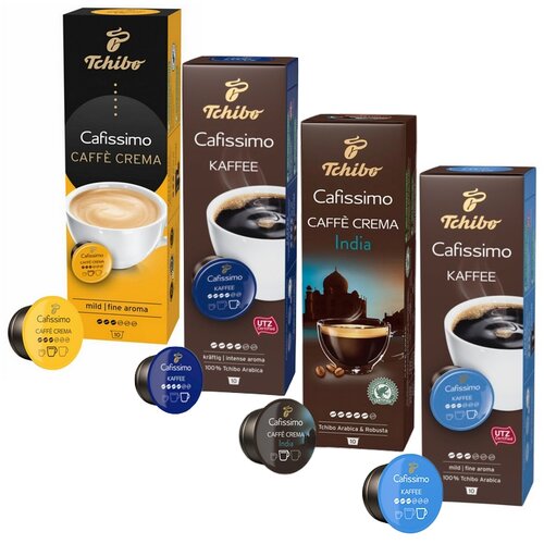Zestaw kapsułek TCHIBO - Cafissimo Cafe Crema India Shirisha + Cafissimo Cafe Crema Fine Aroma + Cafissimo Kawa Mocnopalona + Coffee Fine Aroma
