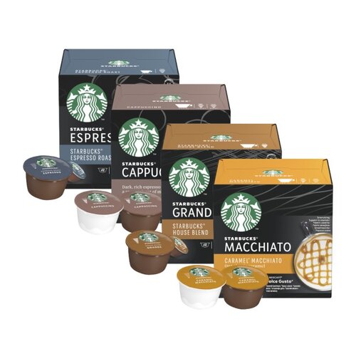 Kapsułki STARBUCKS Dolce Gusto Caramel Macchiato, House Blend, Cappuccino, Espresso Roast 4 x 12 szt.
