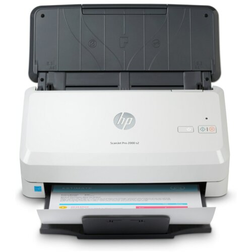 Biały skaner z otwartą pokrywą, na której widnieje logo "hp" oraz napis "ScanJet Pro 2000 s2". W dolnej części urządzenia znajduje się włożony dokument z widocznymi kolorowymi paskami i tekstem.