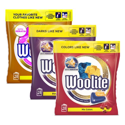 Zestaw kapsułek żelowych do prania WOOLITE - 84 szt. COLOUR - 28 szt. DARK - 28 szt. PRO-CARE - 28 szt.