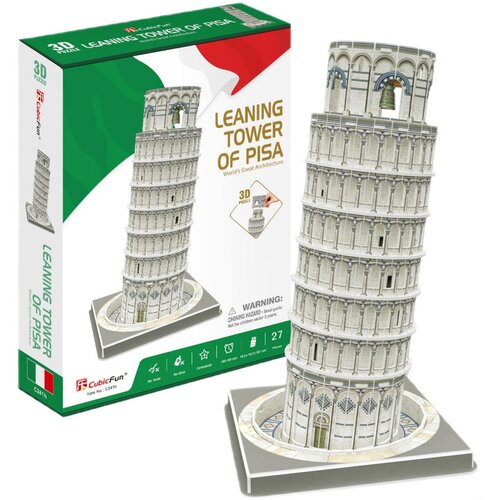 Pudełko przedstawia model 3D Krzywej Wieży w Pizie z napisem "LEANING TOWER OF PISA World's Great Architecture" oraz logo "CubicFun". Na opakowaniu widnieje informacja "27 pieces", a także ostrzeżenie: "WARNING: CHOKING HAZARD - small parts. Not for child