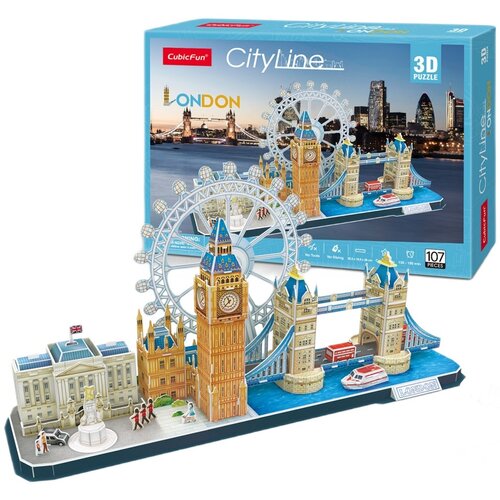 Na zdjęciu znajduje się zestaw puzzli 3D przedstawiający londyńskie zabytki, takie jak Big Ben, London Eye i Tower Bridge, umieszczony na podstawce z nadrukiem "LONDON". W tle widoczny jest kartonowy opakowanie z napisem "CubicFun CityLine 3D Puzzle 107 P