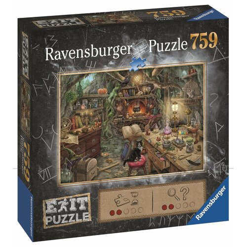 Pudełko puzzli marki Ravensburger zawiera ilustrację przedstawiającą kuchnię czarownicy z różnymi magicznymi przedmiotami, takimi jak księgi, mikstury i kociołek. Na opakowaniu widnieje napis "Ravensburger Puzzle 759" oraz logo "EXIT PUZZLE".
