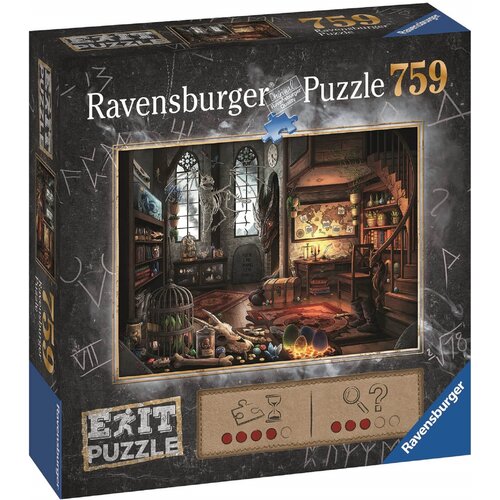 Pudełko puzzli Ravensburger zawiera ilustrację przedstawiającą wnętrze czarodziejskiego laboratorium z różnymi magicznymi przedmiotami, książkami i eliksirami. Na opakowaniu widnieje napis "Ravensburger Puzzle 759" oraz logo "Exit Puzzle".