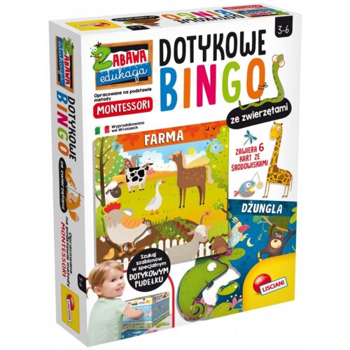 Pudełko gry edukacyjnej "Dotykowe Bingo ze zwierzętami" zawiera kolorowe ilustracje przedstawiające farmę i dżunglę, z napisem "Zawiera 6 kart ze środowiskami" oraz logo Lisciani. Na opakowaniu widnieje również informacja "Opracowane na podstawie metody M