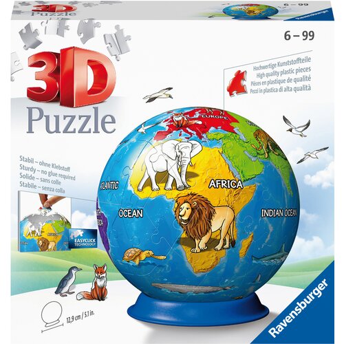 Na zdjęciu znajduje się opakowanie puzzli 3D przedstawiające globus z ilustracjami zwierząt i kontynentów, z widocznymi napisami: "3D Puzzle", "Sturdy - no glue required", "High quality plastic pieces", "AFRICA", "OCEAN", "INDIAN OCEAN", oraz logo "Ravens